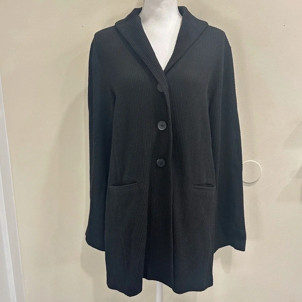 Eileen Fisher Black‎ Waffle Knit Shawl Collar Longline Cardigan Large Minimalism